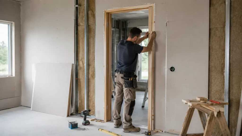 Artisan installant un bloc-porte avec une huisserie en bois dans une cloison en plaques de plâtre sur un chantier de rénovation, avec niveau à bulle, visseuse et cales de pose.