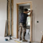 Artisan installant un bloc-porte avec une huisserie en bois dans une cloison en plaques de plâtre sur un chantier de rénovation, avec niveau à bulle, visseuse et cales de pose.