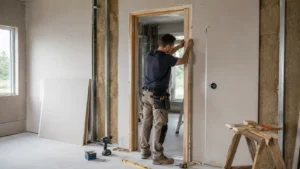 Artisan installant un bloc-porte avec une huisserie en bois dans une cloison en plaques de plâtre sur un chantier de rénovation, avec niveau à bulle, visseuse et cales de pose.