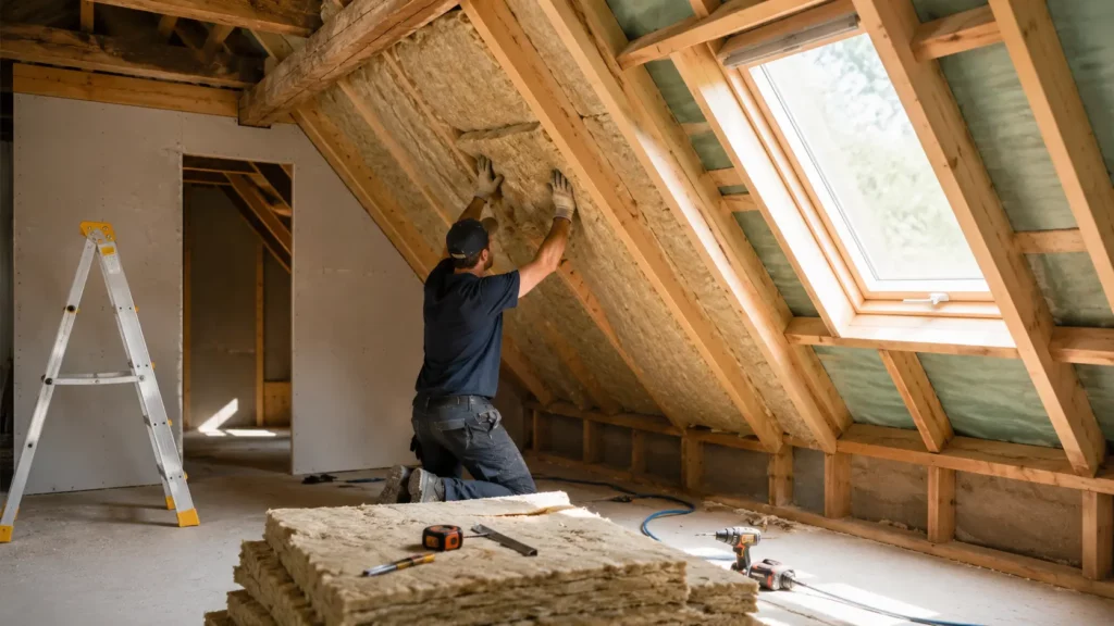 Artisan installant un isolant thermique entre les chevrons sous les rampants d'une toiture dans des combles aménagés en rénovation, éclairés par une fenêtre de toit.