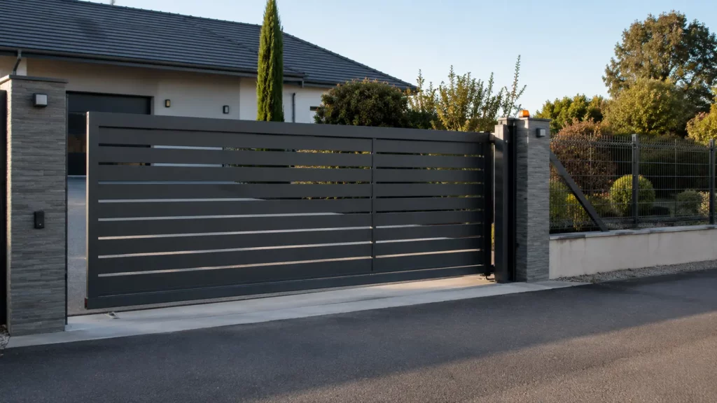 Portail coulissant autoportant en aluminium installé à l'entrée d'une maison, avec vantail suspendu sans rail au sol, poteau de réception visible et allée dégagée.