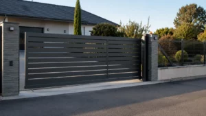 pose d'un Portail coulissant autoportant : les étapes et les erreurs à éviter Portail coulissant autoportant en aluminium installé à l'entrée d'une maison, avec vantail suspendu sans rail au sol, poteau de réception visible et allée dégagée.