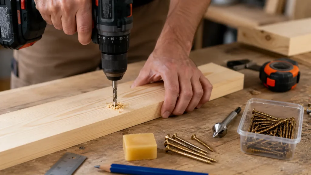 Gros plan sur des mains réalisant un avant-trou dans une planche de bois avec une perceuse-visseuse, avant le vissage d'une vis à bois en atelier de menuiserie.
