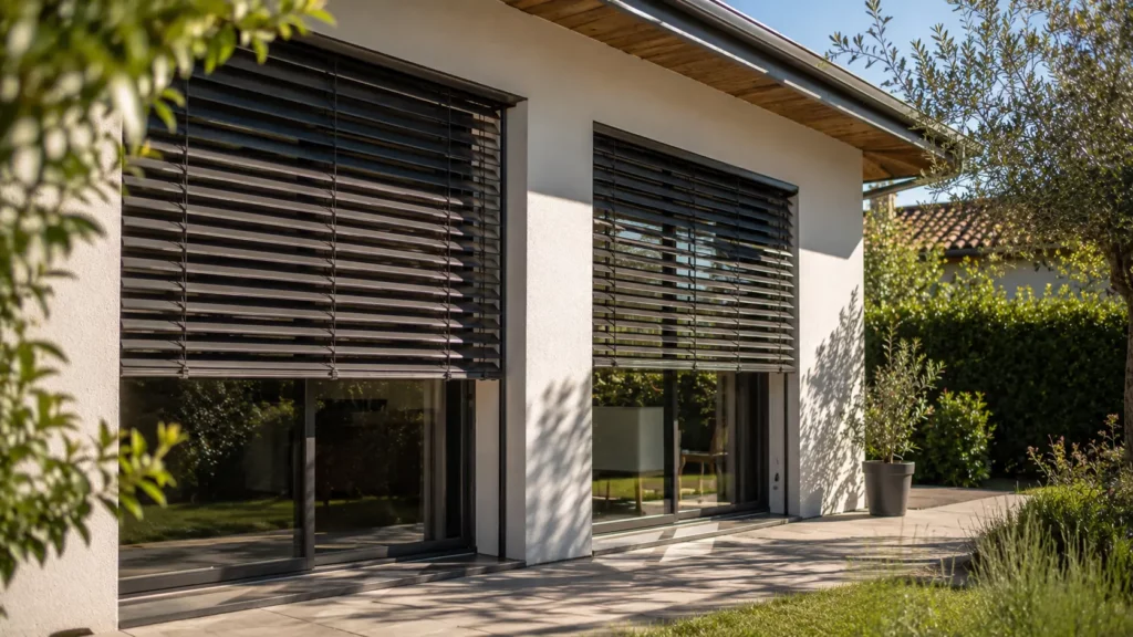 Façade d'une maison équipée de brise-soleil orientables devant de grandes baies vitrées, limitant le rayonnement solaire direct lors d'une chaude journée d'été.
