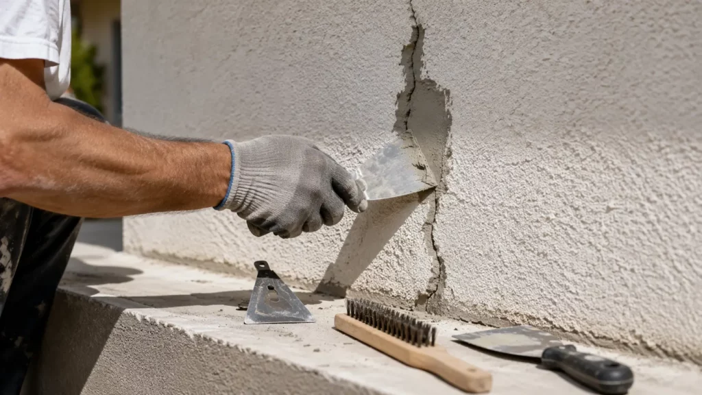 Artisan appliquant un mortier de réparation à la spatule sur une fissure d'un mur extérieur en crépi, avec un grattoir triangulaire et une brosse métallique utilisés pour préparer le support.