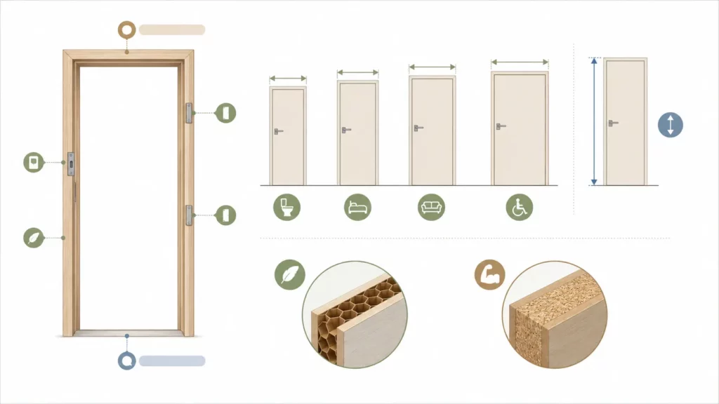 Infographie présentant les composants d’une huisserie de porte intérieure, les dimensions normalisées des portes, ainsi que la différence entre une âme alvéolaire et une âme pleine.