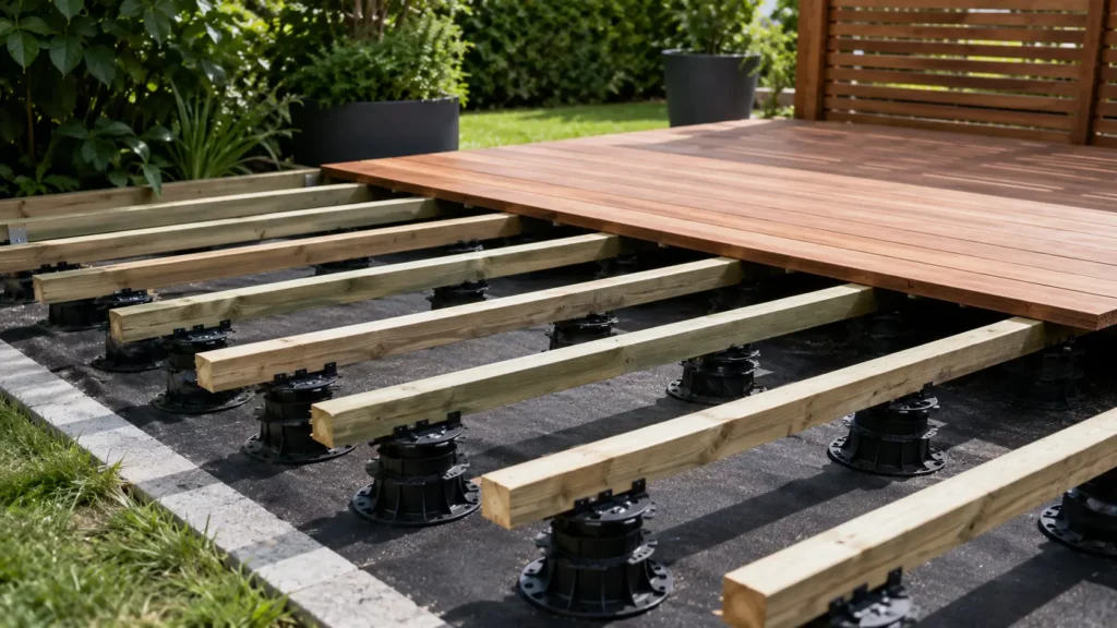 Structure d'une terrasse en bois en cours de construction avec lambourdes posées sur des plots réglables et lames de bois exotique déjà installées en arrière-plan.