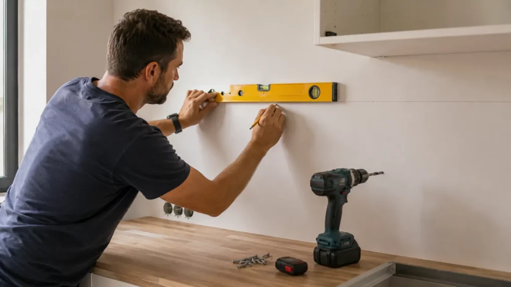 Photographie d'une personne traçant une ligne de niveau sur un mur avec un niveau à bulle avant la pose d'un meuble haut de cuisine, avec une perceuse électrique posée sur le plan de travail.