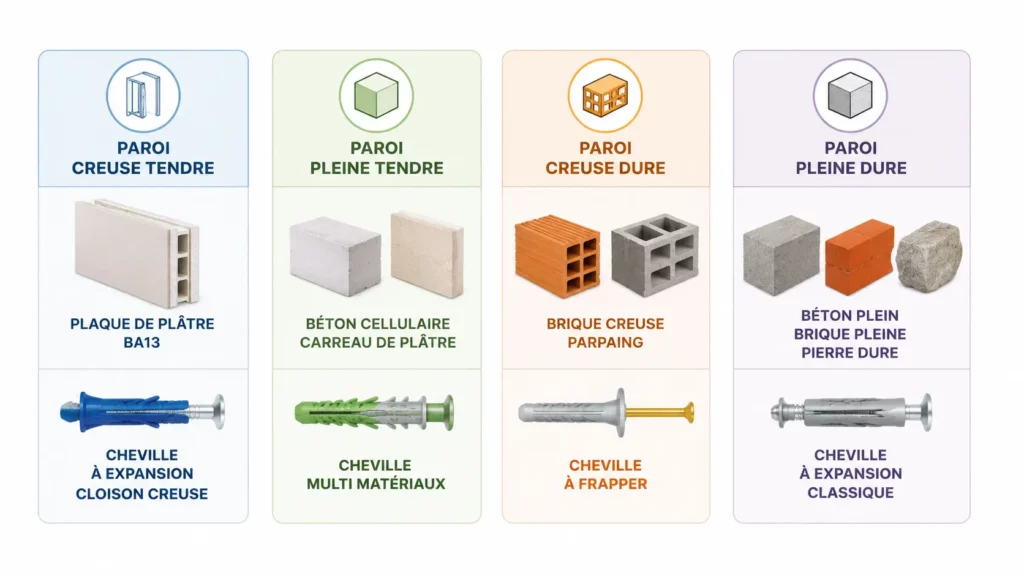 Infographie présentant les quatre principaux types de parois en cuisine (paroi creuse tendre, paroi pleine tendre, paroi creuse dure et paroi pleine dure) avec la cheville de fixation recommandée pour chaque support.