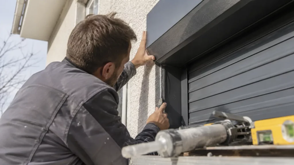 Un technicien vérifie l'étanchéité des joints entre le caisson d'un volet roulant, les coulisses latérales et la façade d'une maison lors d'un chantier de rénovation.