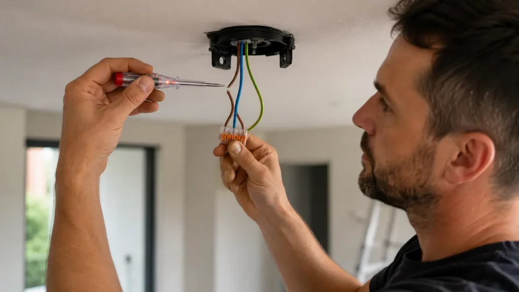 un électricien vérifiant l'absence de tension avec un testeur électrique avant de raccorder les fils d'un ventilateur de plafond à l'aide de bornes de connexion, dans un logement en rénovation.