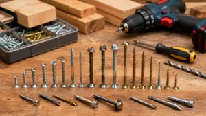 Comment visser avec des vis à bois sans fendre ni abîmer le support Assortiment de vis à bois à tête fraisée, ronde et hexagonale en acier, inox et laiton, présenté sur un établi avec un tournevis et une visseuse.