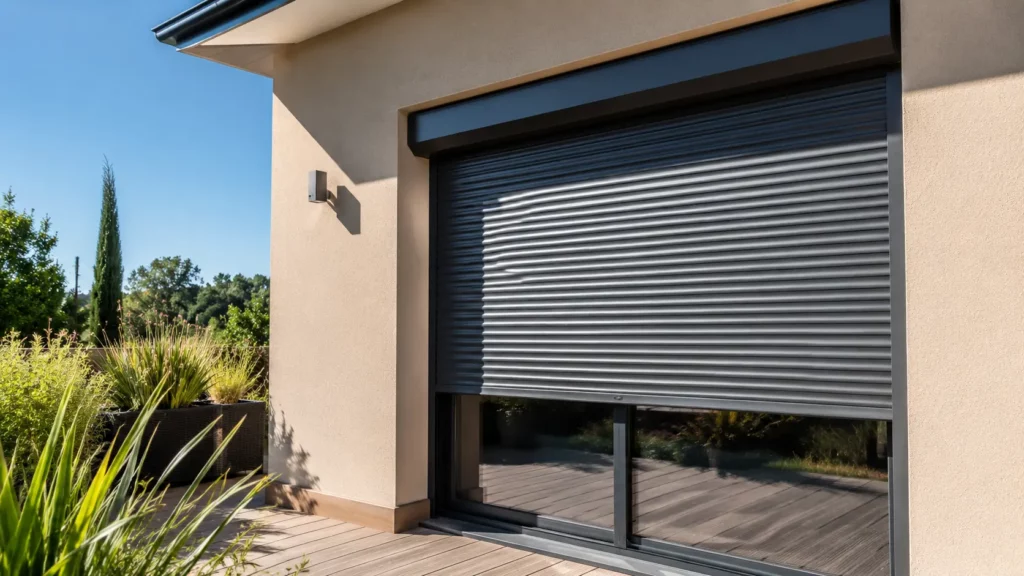Volet roulant en aluminium partiellement fermé sur une baie vitrée d'une maison, limitant l'entrée de la chaleur grâce à l'ombre projetée sur la façade en plein soleil.