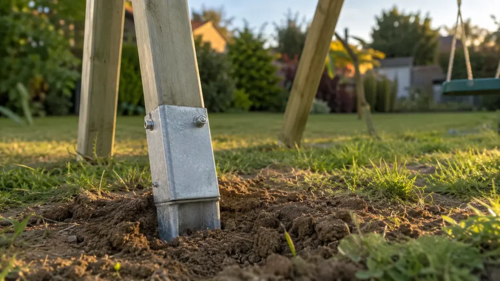 Pied de portique de balançoire ancré dans un sol en terre meuble dans un jardin résidentiel.