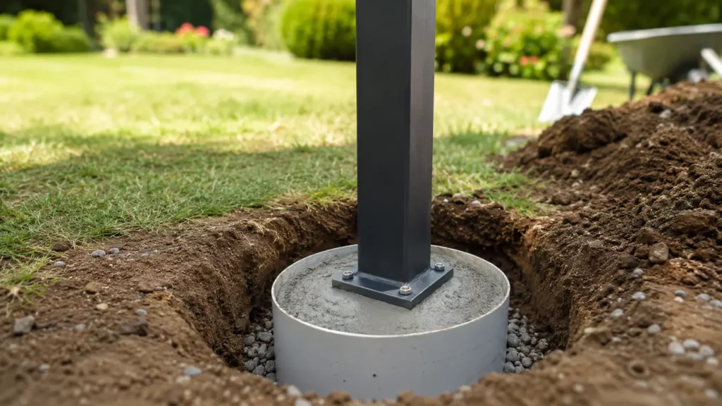 Ancrage d'un pied de tonnelle sur une fondation en béton avec coffrage en tube PVC et lit de gravier dans un jardin.