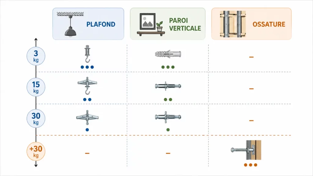 Infographie des seuils de charge sur plaque de plâtre : 3 kg et 15 kg au plafond, 30 kg en paroi verticale et fixation sur ossature au-delà.