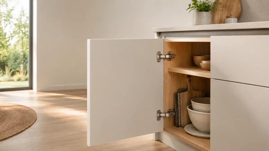Porte de meuble de cuisine entrouverte avec charnières invisibles fixées sur le caisson en bois clair.
