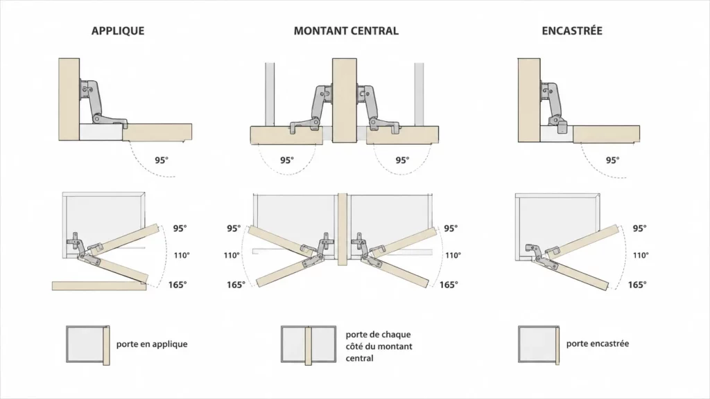 Schéma des positions d’une charnière invisible de meuble en applique, sur montant central et encastrée, avec angles d’ouverture de 95°, 110° et 165°.