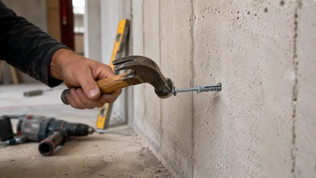 Pose d’une cheville à frapper au marteau dans un mur en béton sur un chantier de rénovation.