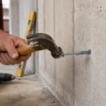Pose d’une cheville à frapper au marteau dans un mur en béton sur un chantier de rénovation.