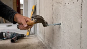 Pose d’une cheville à frapper au marteau dans un mur en béton sur un chantier de rénovation.