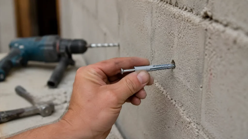 Pose d’une cheville à frapper dans un mur en béton lors de travaux de rénovation.