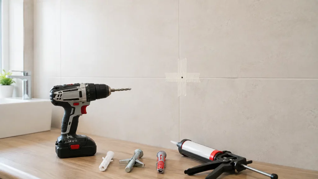 Perceuse et différents types de chevilles devant un mur carrelé préparé pour un perçage sans fissure.