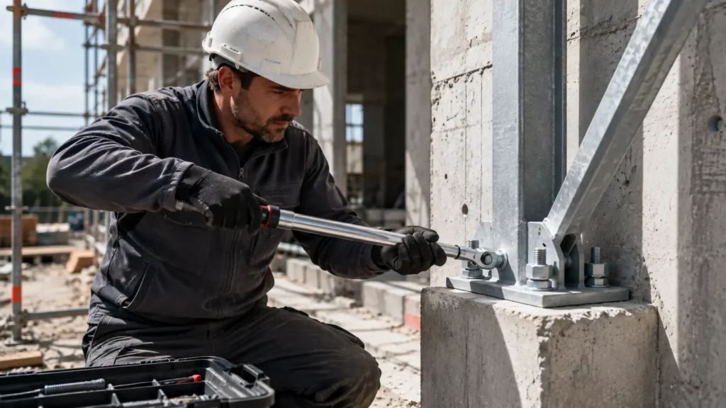 Artisan contrôlant le serrage d’un ancrage structurel dans le béton à l’aide d’une clé dynamométrique sur un chantier.