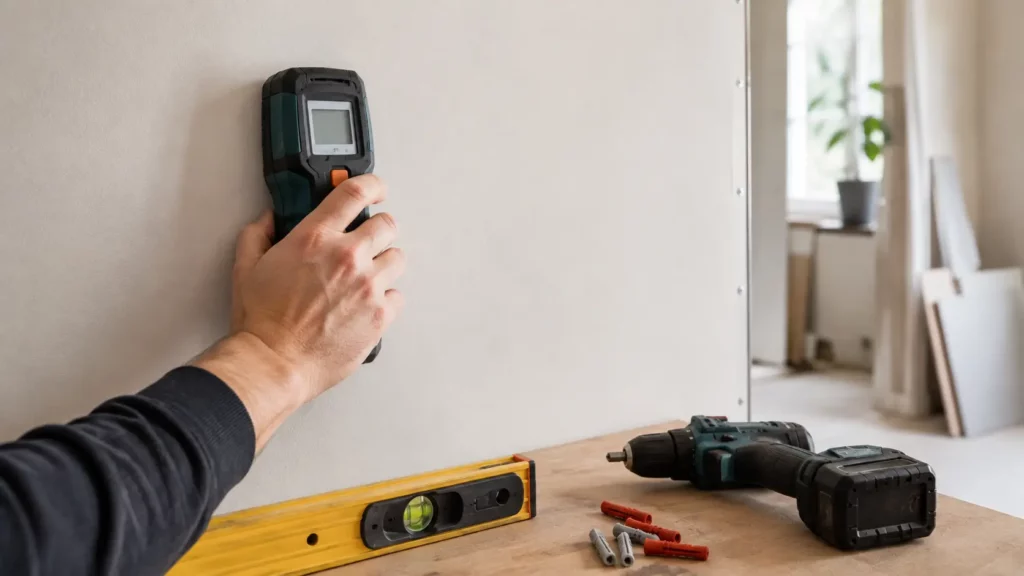 Diagnostic d’un mur avec un détecteur multifonction avant la pose d’une étagère à fixation invisible pour charge lourde.