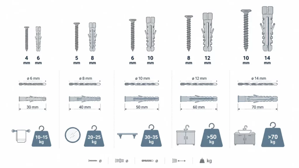 Infographie des diamètres, longueurs de perçage et capacités de charge des chevilles pour carrelage.