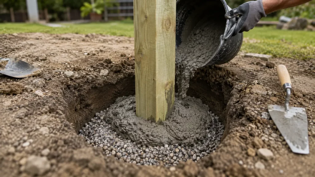 Scellement d'un poteau de clôture en bois sur une couche de gravier drainant avec coulage de béton frais dans un trou de fondation.