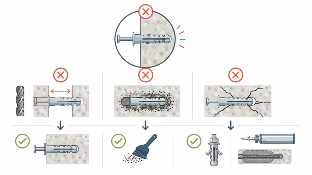 Infographie des principales causes d’échec d’une cheville à frapper et des solutions de fixation adaptées.
