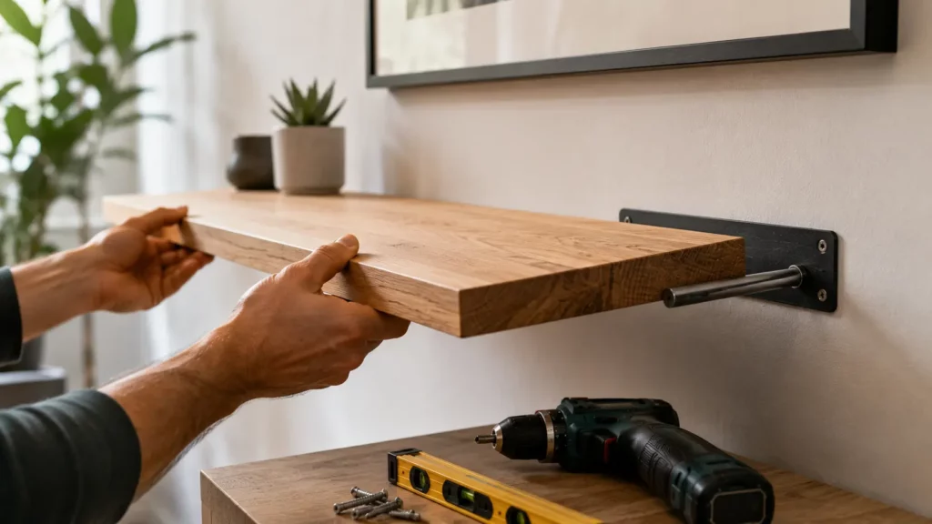 Pose d’une étagère en bois massif sur une fixation invisible renforcée avec tiges métalliques pour supporter une charge lourde.