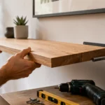 Pose d’une étagère en bois massif sur une fixation invisible renforcée avec tiges métalliques pour supporter une charge lourde.