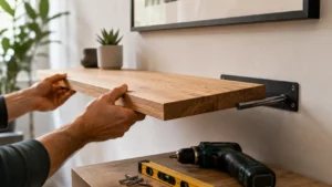 Étagère à fixation invisible : poser une charge lourde sans risque Pose d’une étagère en bois massif sur une fixation invisible renforcée avec tiges métalliques pour supporter une charge lourde.