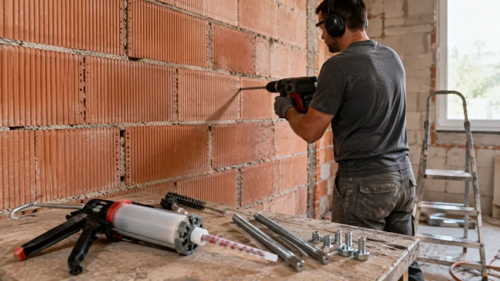 Artisan perçant un mur en brique creuse pour une fixation de charge lourde avec kit de scellement chimique et tiges filetées.