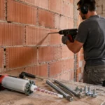 Artisan perçant un mur en brique creuse pour une fixation de charge lourde avec kit de scellement chimique et tiges filetées.