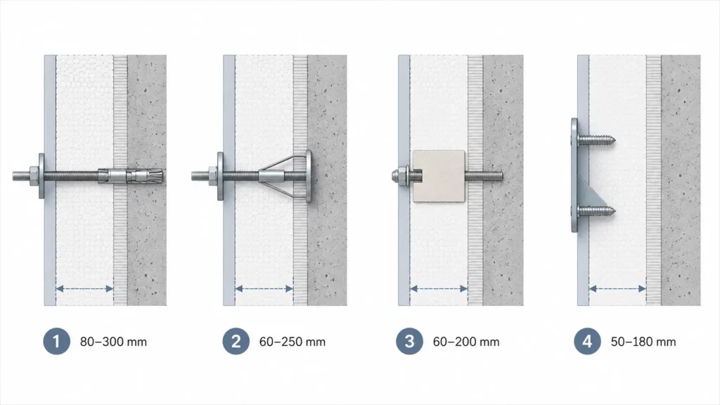 Comparatif de quatre systèmes de fixation pour charge lourde sur isolation thermique par l’extérieur selon l’épaisseur de l’isolant.