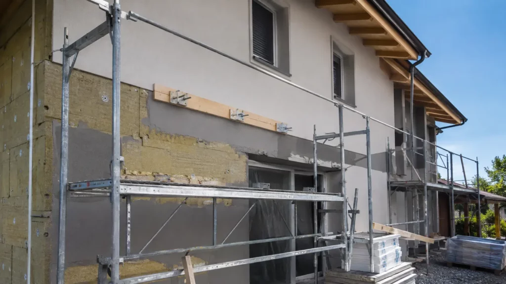 Façade de maison en rénovation avec isolation thermique par l’extérieur et fixation pour charge lourde destinée à un auvent métallique.