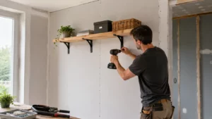 Cheville placo et charge lourde : la méthode qui tient sans percer au hasard Artisan fixant une étagère chargée sur une cloison en placo avec une fixation adaptée aux charges lourdes.