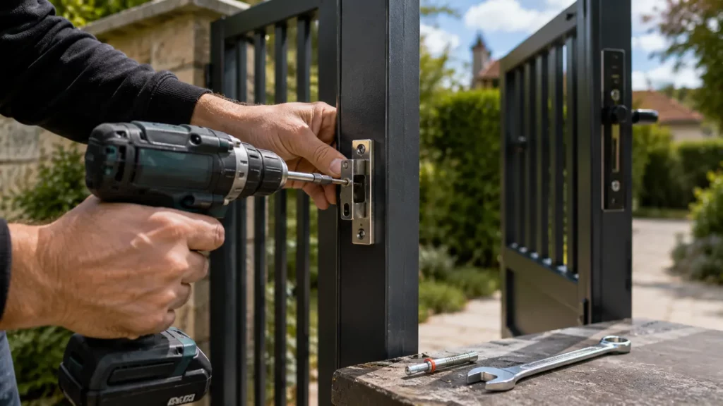 Artisan fixant une gâche de serrure sur un poteau de portillon en aluminium avec une perceuse-visseuse, cheville à expansion et clé de serrage à proximité.