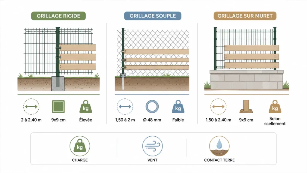 Comparatif des supports pour fixer un panneau bois sur grillage rigide, grillage souple ou grillage sur muret.