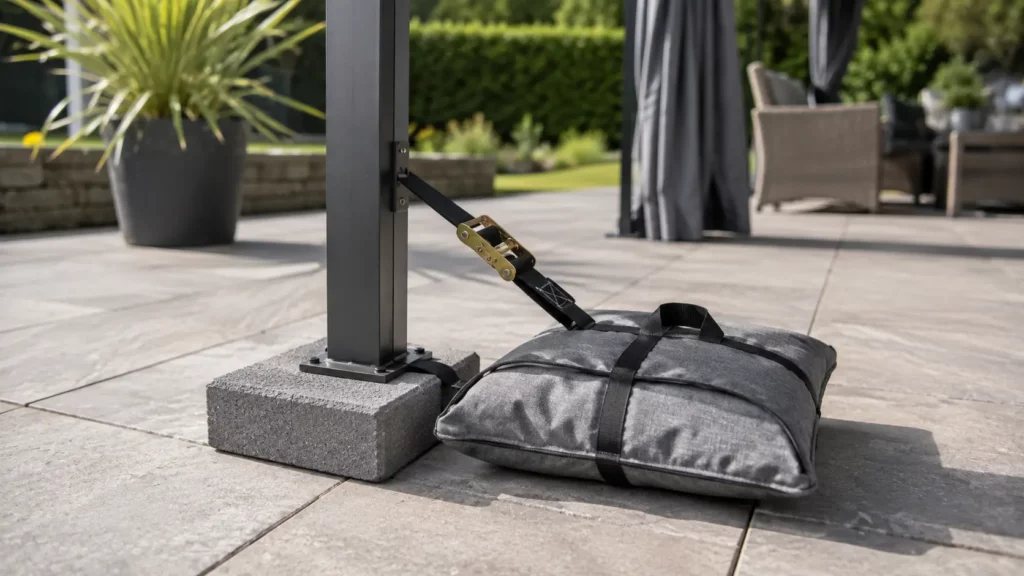 Pied de tonnelle fixé sans perçage sur une terrasse carrelée avec plot en béton, sac de lestage et sangle à cliquet.