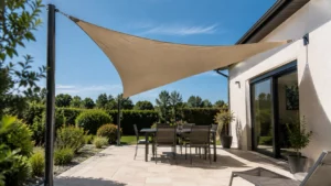 Voile d'ombrage sur terrasse : bien choisir ses points de fixation Voile d'ombrage solidement fixée entre une façade de maison et des mâts sur une terrasse, correctement tendue et projetant une ombre nette au sol.