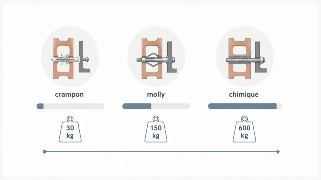 Comparatif des charges supportées par une cheville crampon, une cheville Molly et un scellement chimique dans une brique creuse.