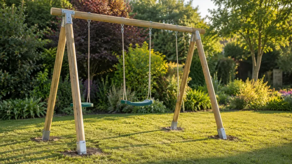 Portique de balançoire en bois fixé au sol sans béton dans un jardin résidentiel.