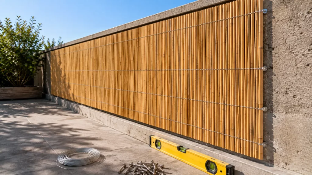 Canisse en bambou solidement fixée sur un mur extérieur en béton avec fil de fer galvanisé, niveau à bulle et accessoires de fixation au premier plan.