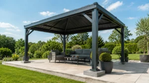 Tonnelle de jardin autoportante solidement fixée au sol sur une terrasse avec plots en béton visibles au pied de la structure.