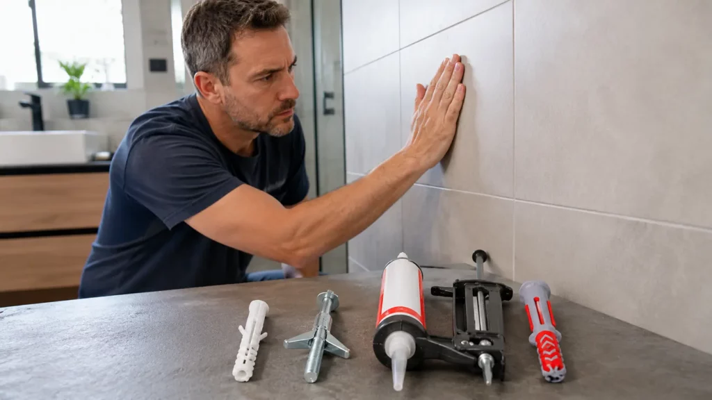 Artisan identifiant le support derrière un mur carrelé avant de choisir la cheville adaptée.