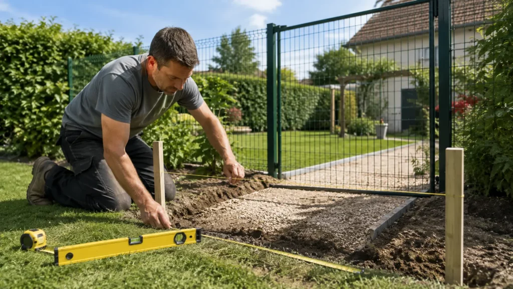 Particulier matérialisant l'implantation d'un futur portillon de jardin avec un cordeau de traçage, des piquets en bois, un niveau à bulle et un mètre à ruban.